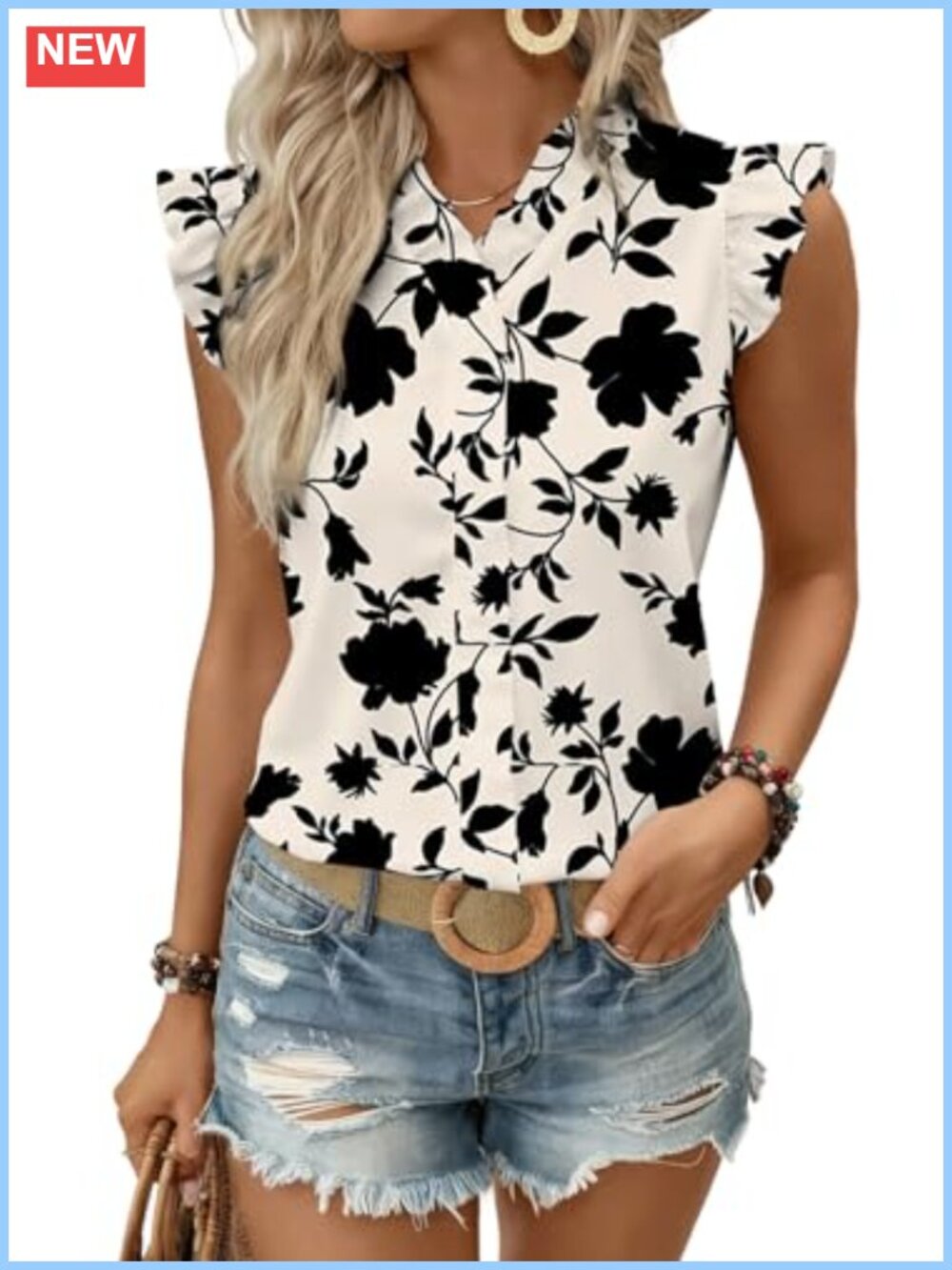 Womens Floral Chiffon Blouse V Neck Ruffle Sleeve Tank Top